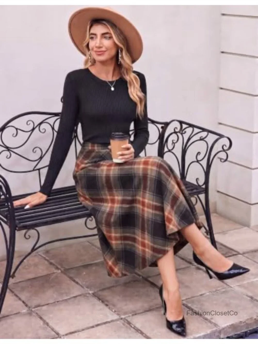 Zeagoo Plaid Wool Skirt High Waisted Midi Skirt with Pockets